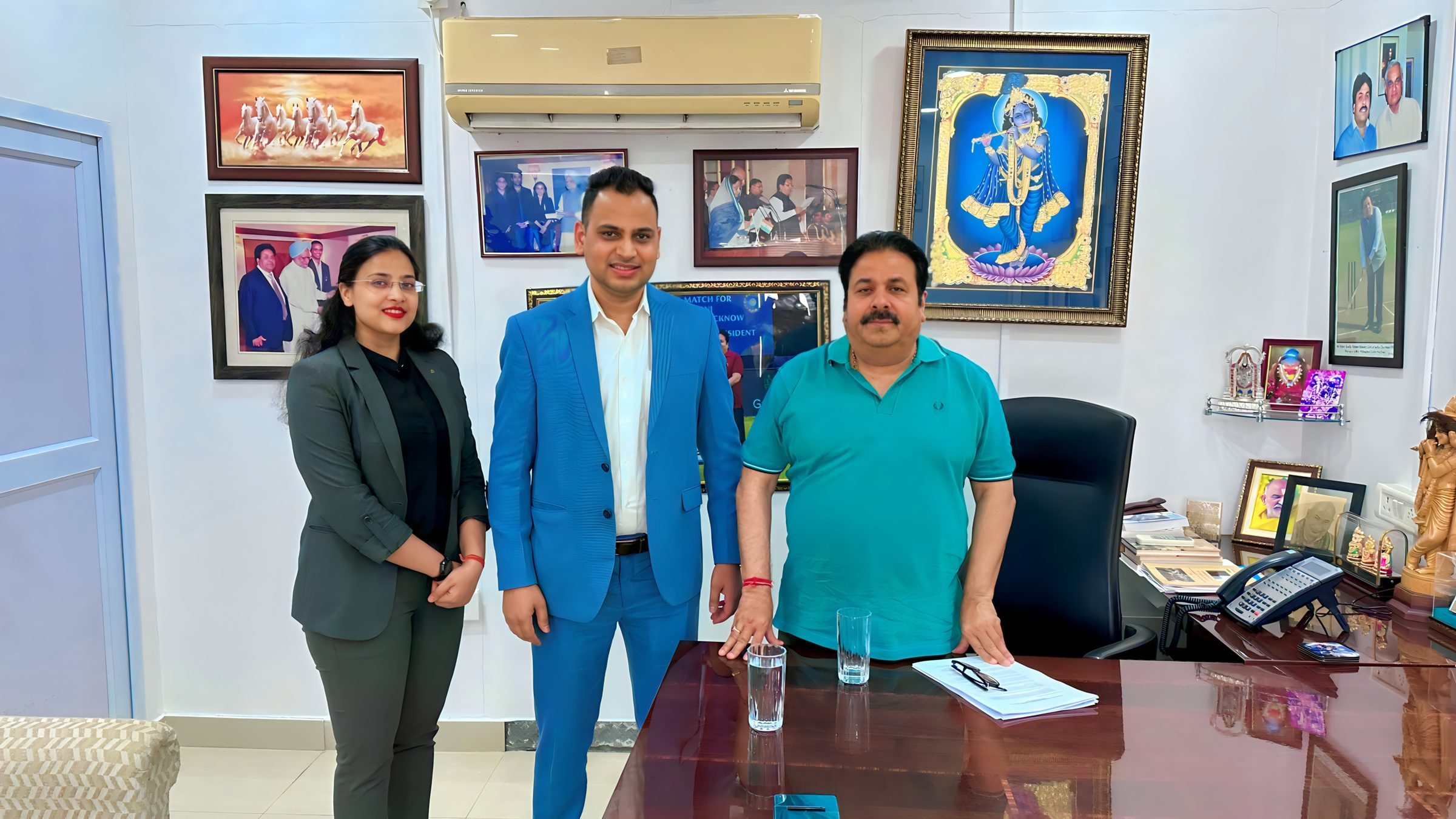 Lithvik Mukesh Sharma is photographed with the Vice President of the Board of Control for Cricket in India, a Director at the Asian Cricket Council, and a Member of Parliament in the Rajya Sabha