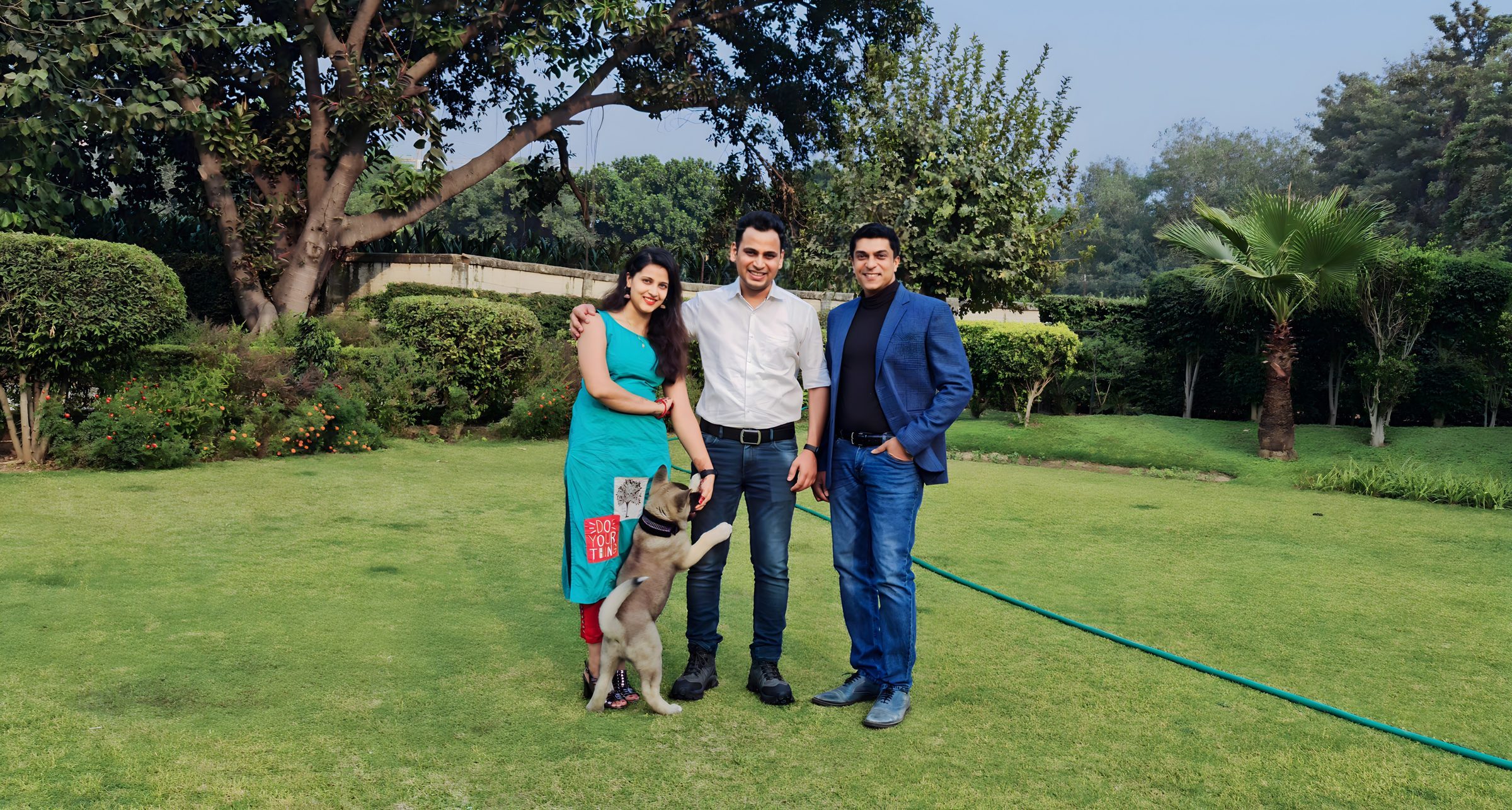 Lithvik Mukesh Sharma is photographed with Dr. Jyoti Kush, Dr. Binu, and a dog named Ninja