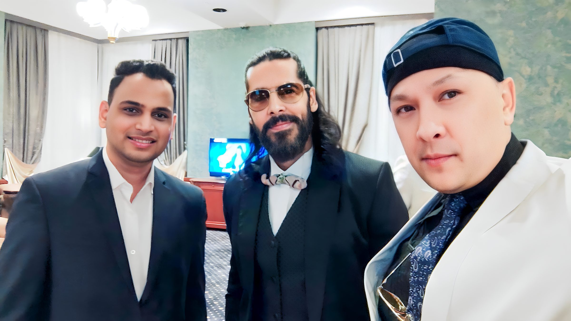 Lithvik Mukesh Sharma is photographed with Dino Morea at the Tashkent Film Festival