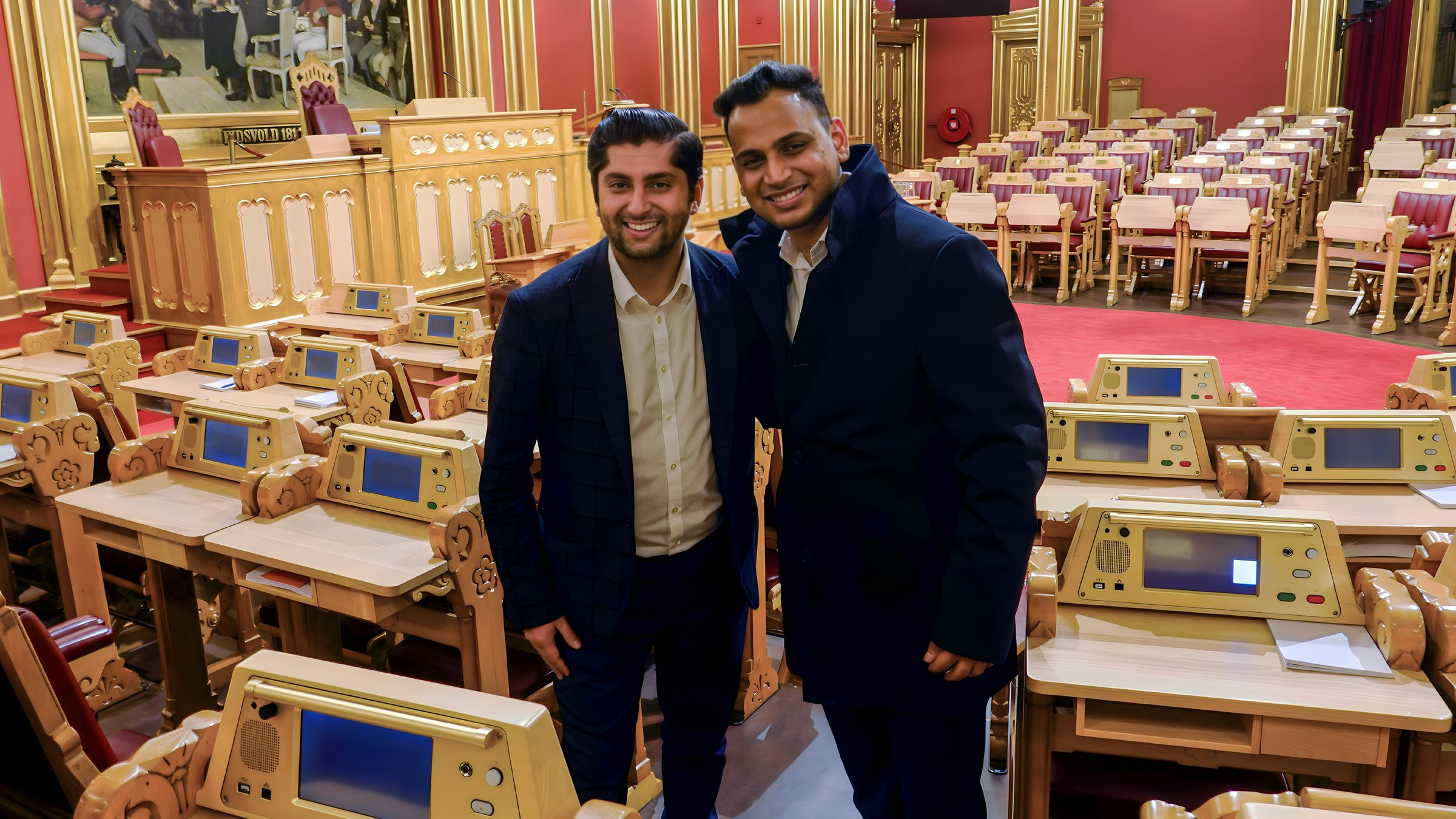 Lithvik Mukesh Sharma is photographed with Himanshu Gulati at the Norwegian Parliament