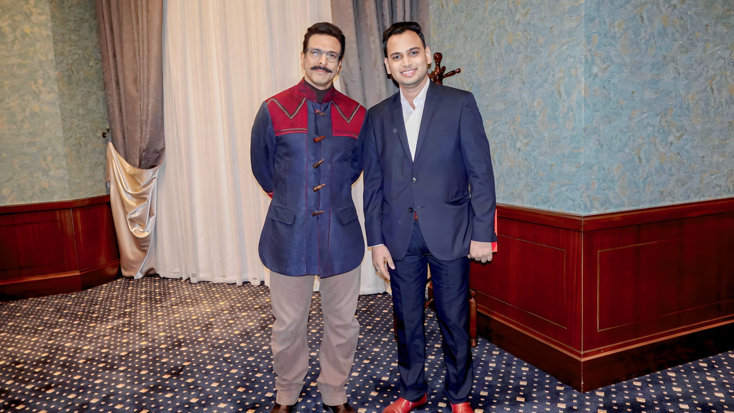 Lithvik Mukesh Sharma is photographed with Jaaved Jaaferi (Indian actor, dancer, and comedian) at the Tashkent Film Festival