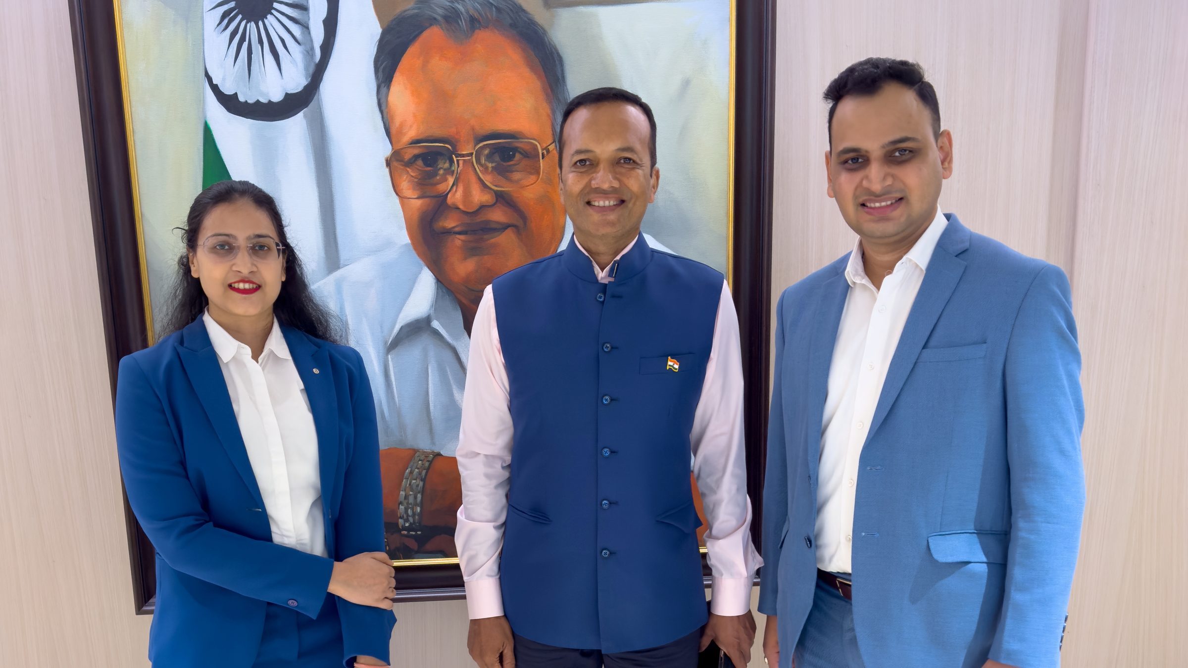 Lithvik Mukesh Sharma is photographed with Naveen Jindal (Chairman of Jindal Steel and founding chancellor of O.P. Jindal Global University) and Dr. Jyoti Kush at a Delhi engagement