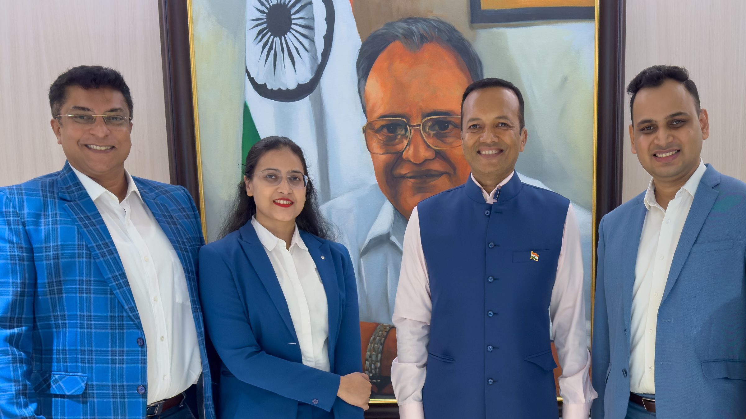 Lithvik Mukesh Sharma is photographed with Naveen Jindal (Chairman of Jindal Steel and founding chancellor of O.P. Jindal Global University), Dr. Jyoti Kush, and Dr. Binu at a Delhi event