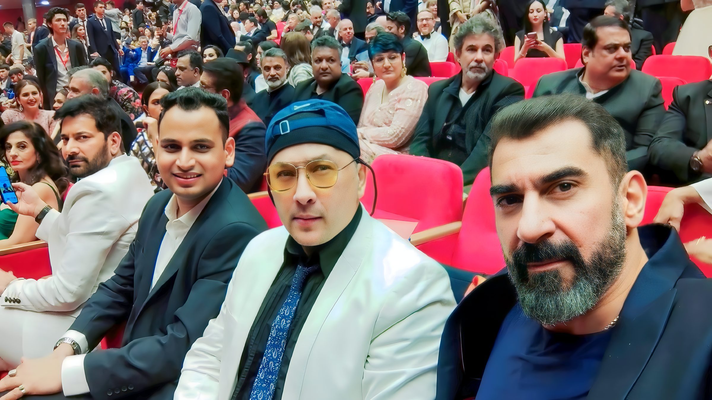 Lithvik Mukesh Sharma is photographed with Nawab Shah at the Tashkent Film Festival