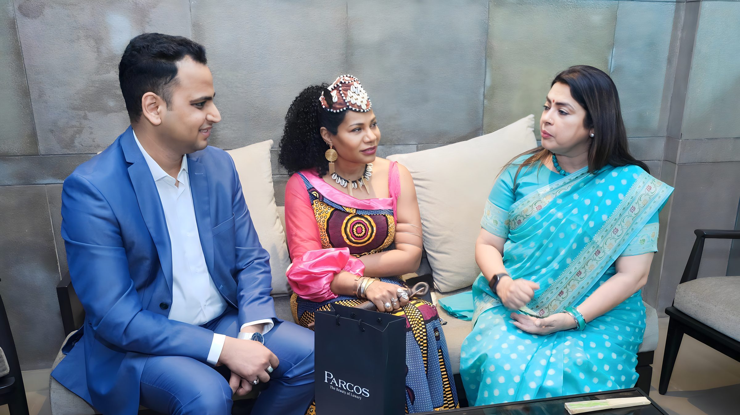 Lithvik Mukesh Sharma is photographed with Queen Diambi and Meenakshi Lekhi